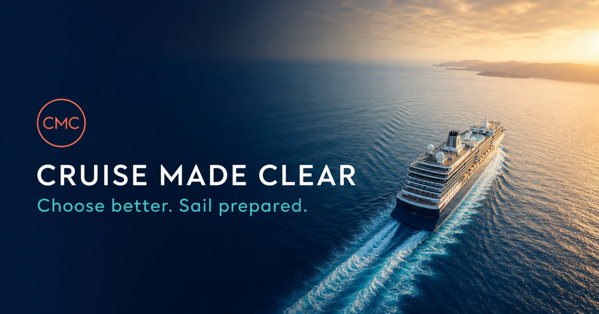 Cruise Made Clear—Choose better. Sail prepared—with a cruise ship sailing at golden hour